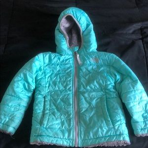 Reversible hooded north face girls winter jacket